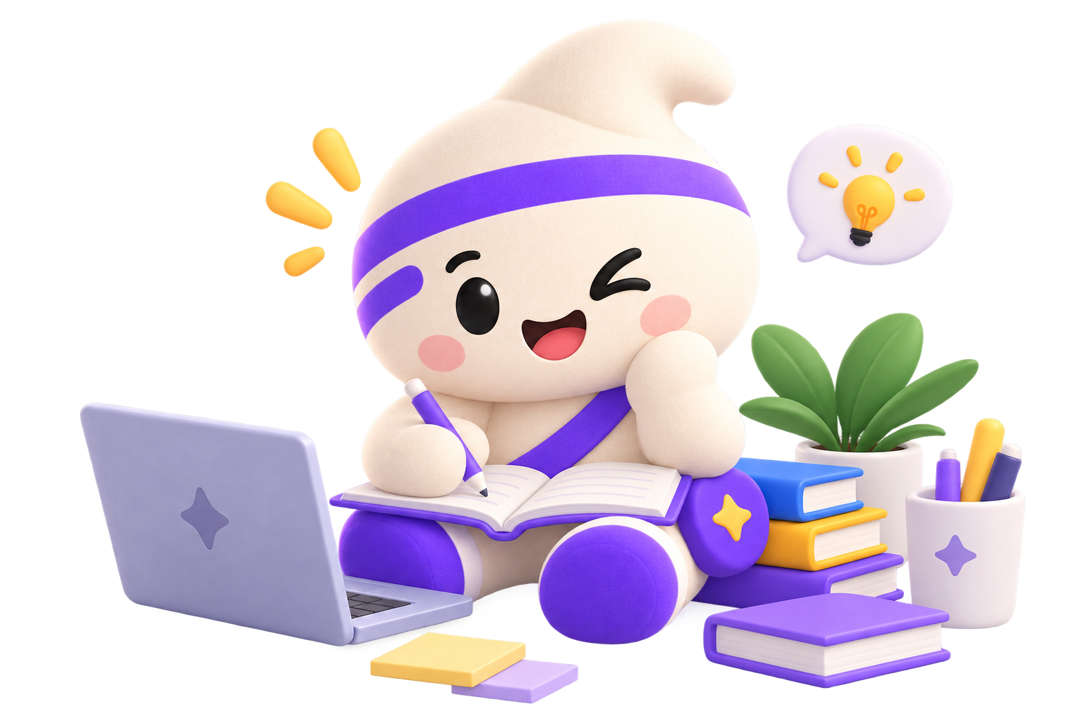 Jupi mascot sitting on a couch, giving thumbs up, next to books and plants
